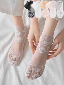 Chaussettes femmes en dentelle transparente Lolita invisibles, fines pour l'été, antidérapantes, courtes, coupe-bateaux