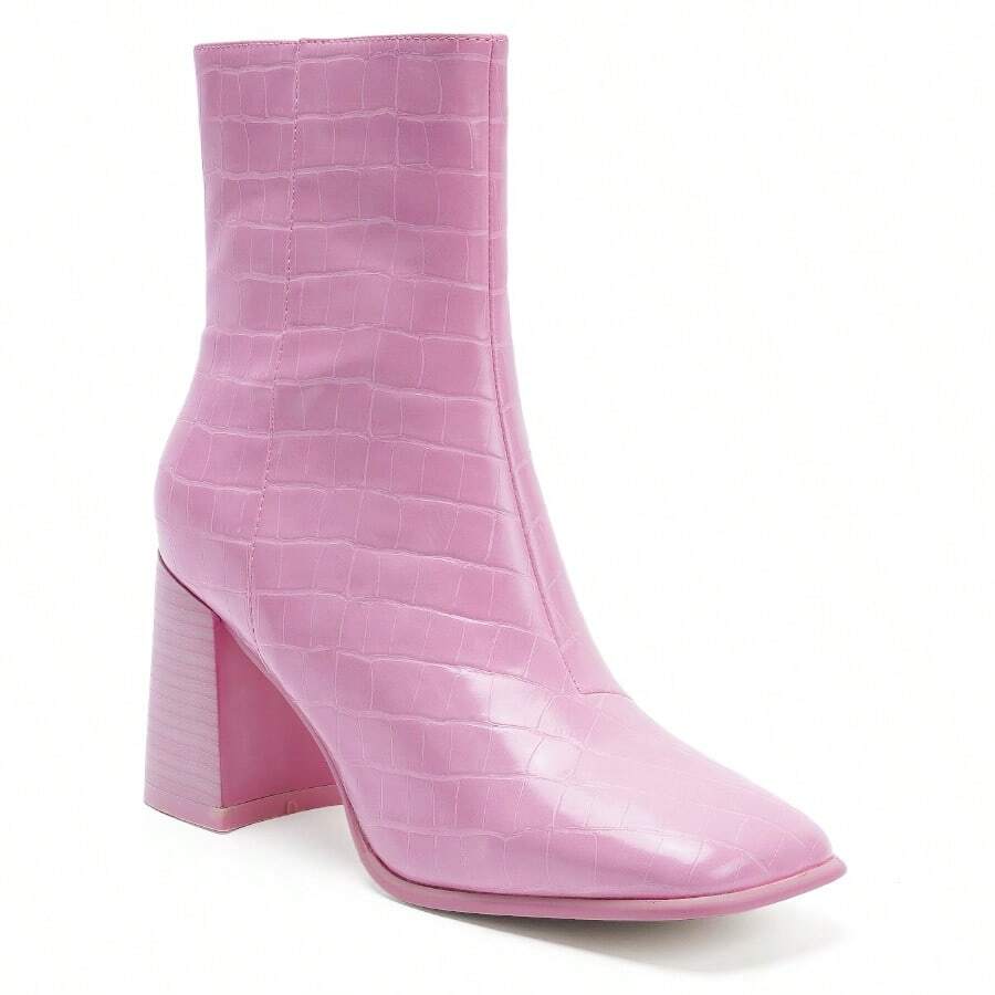 Modern Stone Pattern Boots Block Heel Ankle Boots Western Vintage Square Toe Boots - 粉色 - 查看 1