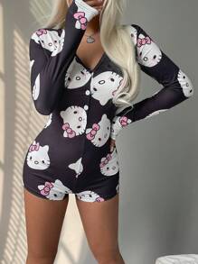 Sanrio 1pc Women Sexy V-Neck Half-Open Front Long Sleeve Printed Romper, Fall, Winter