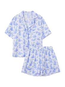 Women Cute Graphic 2 Piece Pajama Set Short Sleeve Button Down Shirt Pjs Shorts Preppy Easter Bunny Egg Sleepwear