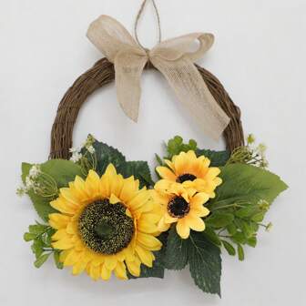1 pieza de corona artificial de girasol para la puerta principal, sala de estar, dormitorio, casa de campo, decoración de jardín, decoración del hogar