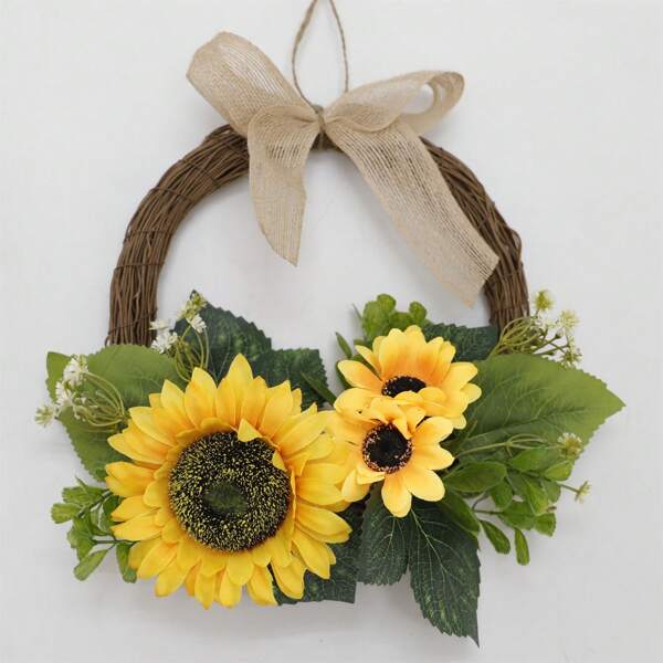 1 pieza de corona artificial de girasol para la puerta principal, sala de estar, dormitorio, casa de campo, decoración de jardín, decoración del hogar