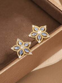1 Pair S925 Sterling Silver Earrings With Light Blue Zirconia Flower Design, Golden Hollow, Versatile & Delicate Jewelry, Elegant Gift For Women - Gold - View 4