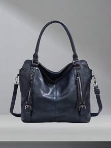 Ladies' Portable Tote Bag Large Capacity Soft Leather Shoulder Bag Classic Solid Color Letter Bag With Adjustable And Detachable Shoulder Strap - Blue - View 3