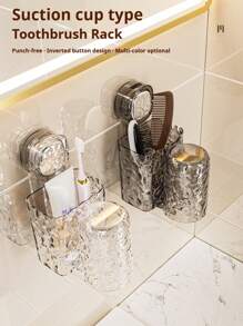 1 pieza Soporte para cepillo de dientes y vaso con ventosa, caja de almacenamiento integrada para cepillo de dientes y vaso, diseño montado en la pared sin perforación, solución ahorradora de espacio para almacenamiento y organización de baño, aseo y ducha, decoración de baño para el hogar, decoración de otoño, regreso a clases