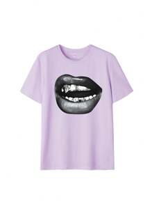 女士夏季休闲个性圆领短袖口图案T恤，时尚百搭夏装女装，夏季上衣