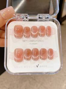 10Pcs/Pack Handmade Short Press-On Nail Strips With Gold French Tip, Cat Eye Design, Quick Nail Art Press On Nails Nail Supplies Nails