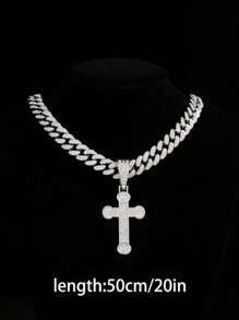 1pc Men's Double Layer Fully Rhinestone Cross Pendant Necklace, Fashionable Personalized Titanium Steel Tennis Chain - Cross Necklace - View 2