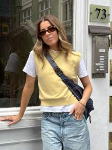 Women's Spring And Summer Vacation Round Neck Goose Yellow Sleeveless Casual Versatile Knitted Top,Work/Office 