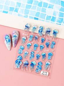 5D Embossed Ocean Nail Stickers Summer Nail Decals Blue Wine Red Jellyfish Nail Sticker Nails Stickers Sea Animals Nail Art Stickers Beach Nail Stickers For Nail Art Supplies Ocean Stickers For Nails