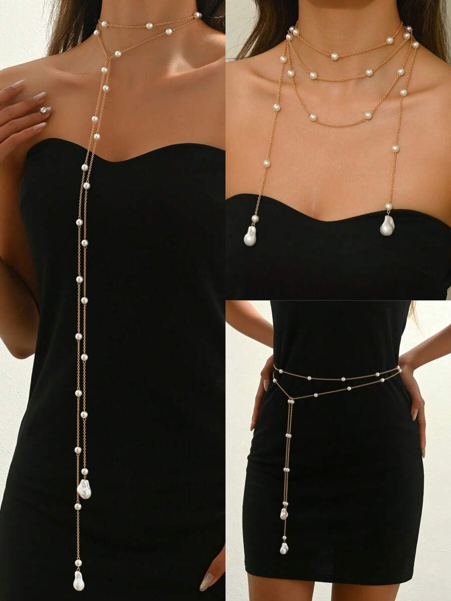 1pc Bohemian Elegant Baroque Faux Pearl Pendant Gold Chain Long Necklace