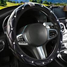 1pc Bling Rhinestone PU Leather Soft & Comfortable Car Steering Wheel Cover, No Inner Lining