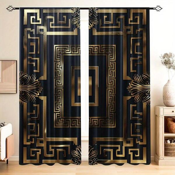 2Pcs Preto e Dourado Quadrado Clássico Padrão Digital Impressão Semi-Transparente Cortinas, Estilo Bolso de Haste, Material de Poliéster, Adequado para Sala de Estar, Quarto, Escritório, Decoração de Casa
