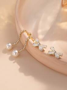 1 Pair Fashion Elegant Simple Design Bowknot Faux Pearl Rhinestone Claw Chain Earrings, Women's Earrings For Daily Wear - Multicolor - View 4
