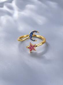 1 pièce Bague pour couple avec design de lune en croissant et d'étoile avec zirconias incrustés, ajustable. Cadeau de luxe minimaliste pour un port quotidien