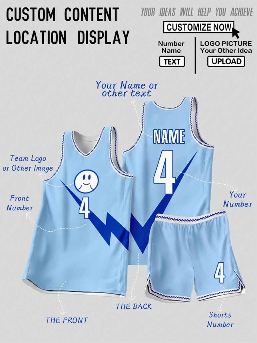 2pcs Personalized Tween Boys Basketball Jersey- Customized Team Name,Number And Logo Print Tank Top+Shorts Training Sports Set Spring/Summer - Baby Blue - View 1