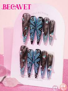BEGAVET New Spring&Summer Collection 10pcs Handmade Salon Quality Nail Art Press On Nails Handpainting Shimmer Nails Super Long Exclusive Design 3D Nails With 3D Charms, Suitable For New Year Parties/Music Festival And Daily Wear