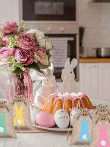 6/12个装复活节麻布抽绳礼品袋，复活节兔子麻布礼品袋带毛绒尾巴，复活节糖果袋，复活节派对用品 - 彩色 - 查看 5