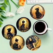 6pcs Black Cat & Night Wooden Coasters - Heat Resistant, Home & Cafe Decor Cup Mats - Perfect Accessory For Afternoon Tea & Holiday Gifts