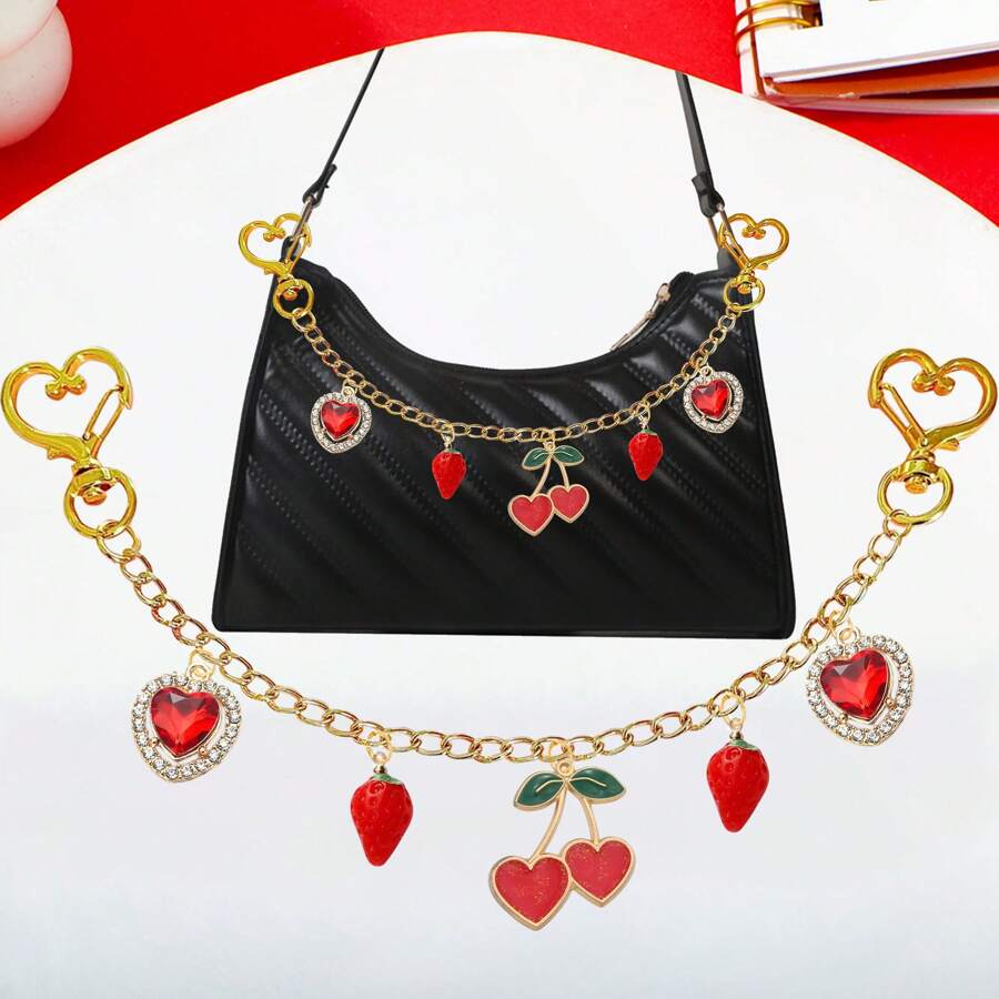 10.6 Inch/27cm Red Hearts Strawberry Cherry Purse Bag Chain Charm Bag Decoration Chain Pendant Decorative Bag Chain Charms Accessories For Women Shoulder Crossbody Bag Underarm Bag Y2K Accessories Summer - Red - View 1