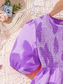 Left Mama Tween Girl' Sweet Round Neck Butterfly Print Puff Sleeve Smock Princess Dress, Summer