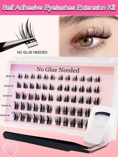 60pcs C-Curl Self-Adhesive Individual Lashes Set, 8-16mm, DIY Eyelash Extension Kit With Tweezers And Lash Curler, No Glue Needed, Cluster Lashes, Single Lashes, False Eyelashes