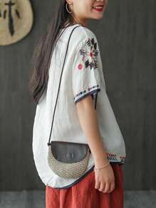 Women's Embroidered Blouse Cotton Linen Short Sleeve Peasant Boho Mexican Tunic Top Casual T Shirt - trắng - Xem 4