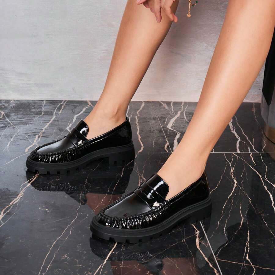 Women's Flat Loafers With Decorative Buckle And Thick Sole - Black-7295 - View 1