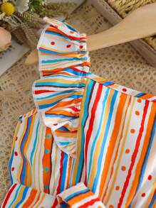 Young Girl Casual Striped Print Ruffle Hem Sleeveless Jumpsuit, Beach Vacation Gift For Summer - Multicolor - View 4