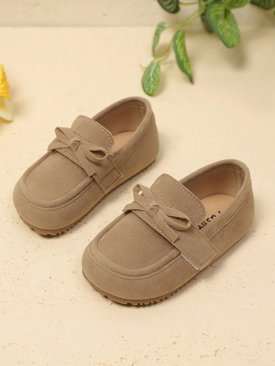 1 Pair Girls' Bow Hook And Loop Soft Comfortable Simple Retro British Style Flat Casual Shoes, Suitable For Spring And Autumn - Khaki - View 1