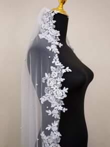 1pc Long Lace Edge Bridal Veil With Faux Pearl Decor, Wedding Hair Accessory - Multicolor - View 7