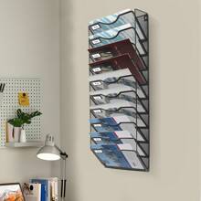 10 Layer A4 Size Document Shelf Wall-Sticking Tiered Pocket File Holder Mail/ Magazine Hanging Organizing Storage Rack With Hooks Modern Style Document Metal Rack For Home/ Office/ Shop - Black - View 1