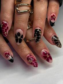 24 件法式黑色按压指甲花朵假指甲闪亮指甲艺术裂纹假指甲短杏仁形指甲美甲套装包括 1 片粘合片和 1 个迷你锉刀，非常适合日常佩戴美甲用品