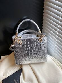 大容量女士手提包，时尚鳄鱼压纹银色托特包，配有可调节斜挎带，是女性最佳母亲节礼物
