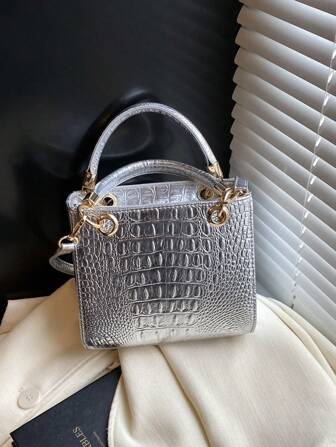 Stor damhandväska, trendig krokodilpräglad silverväska med justerbar axelrem, bästa mors dag-presenter för kvinnor