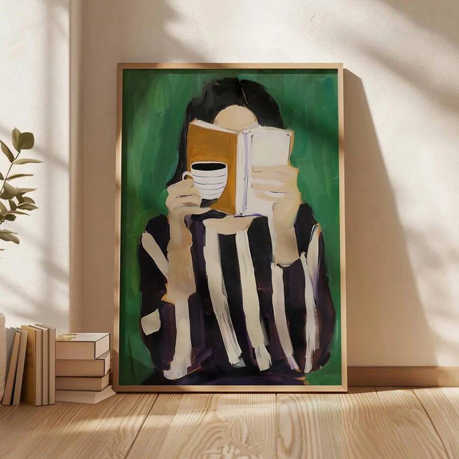 1pc Framed/Unframed Green Modern Striped Reading Woman Wall Art Poster Canvas Print Book Coffee Club Abstract Striped Woman Portrait Painting Aesthetic Decor, Suitable For University Dorm, Apartment, Bedroom, Living Room, Minimalist Home Decor - Multicolor - View 1