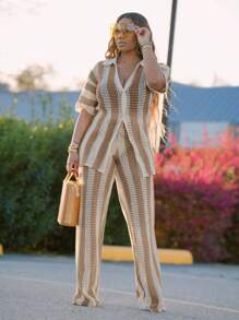 Fooullaide Women's Crochet Sets Two Piece Outfit Knit Hollow Out Color Block Button Down Shirts Matching Long Pants Beach Set - Màu be - Xem 1