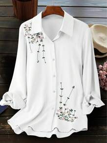 大码时尚女装休闲刺绣衬衫 白色 春季度假 - 白色 - 查看 1
