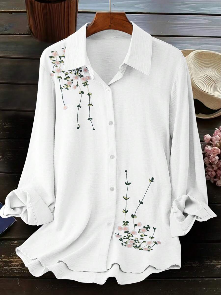 大码时尚女装休闲刺绣衬衫 白色 春季度假 - 白色 - 查看 1