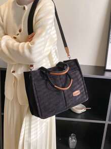 Striped Corduroy Shoulder Tote Bag Large Capacity Foldable - Black - View 5