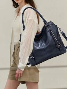 Ladies' Portable Tote Bag Large Capacity Soft Leather Shoulder Bag Classic Solid Color Letter Bag With Adjustable And Detachable Shoulder Strap - Blue - View 4