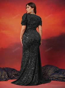 Vestido formal de fiesta de manga corta con cuello en V ajustado y lentejuelas para mujer de talla grande, vestido elegante de la madre de la novia, vestido de invitada de boda, vestido de noche
