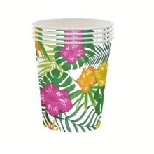 10pcs Hawaiian Tropical Luau Party Supplies Green Leaf With Flowers Design Paper Plates Cups Napkins For Summer Themed Parties Decoration
