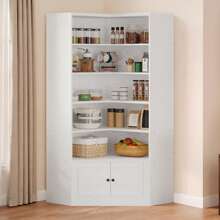 Corner Bookshelf With Door, 6 Tiers Lagre Bookshelves With Storage Rack, 81" Tall Bookcase For Living Room, Home Office, White - White - View 2