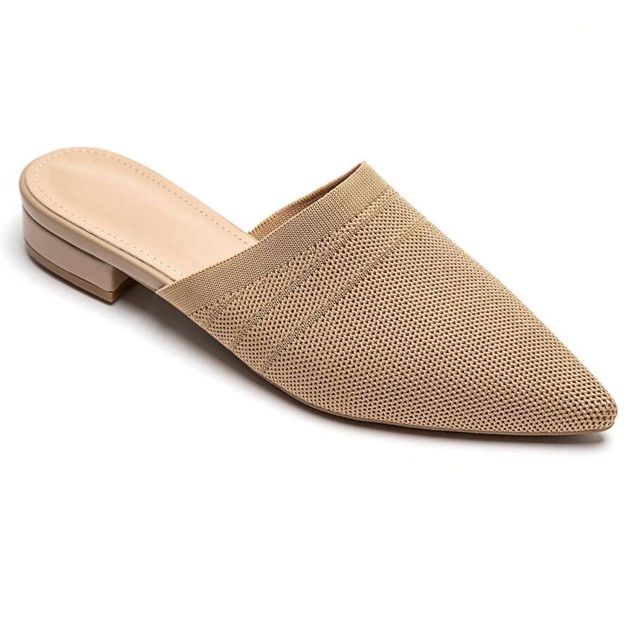 Women's Pointed Toe Mules | Low Heel And Shiny Look - Khaki - View 1