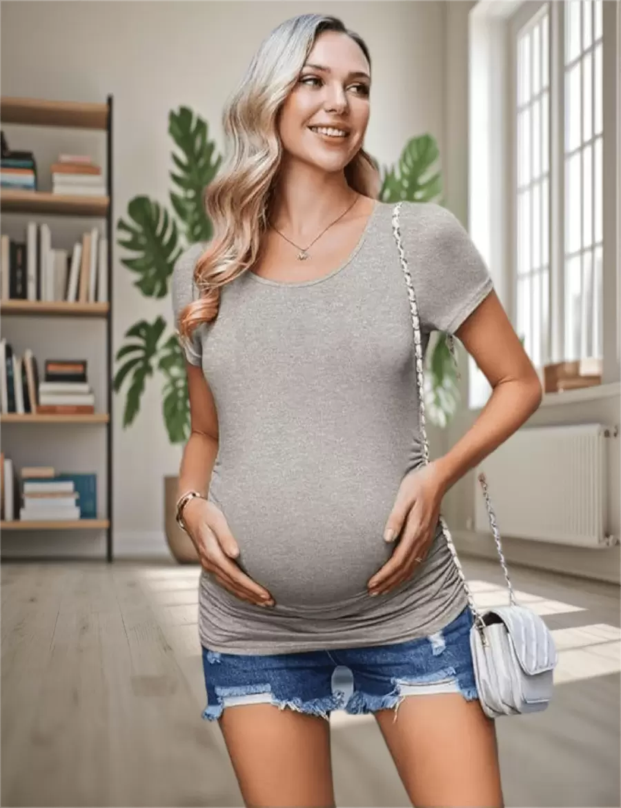 Womens Mama Maternity Tunic Tops Side Ruched T-Shirt Short Sleeve Fitted Pregnancy Clothes - 淺灰色 - 查看 1