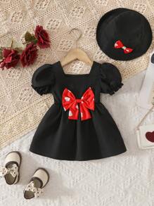 Baby Girls 0-3 Years Summer Elegant Cute Bow Lantern Sleeves Dress With Hat Set - Outdoor Casual Sports Princess Dress