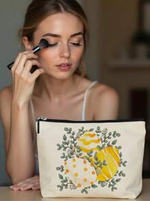 1 件复活节兔子和格子字母亚麻印花化妆包，可爱旅行化妆包和多功能零钱包，女性必备轻便礼物