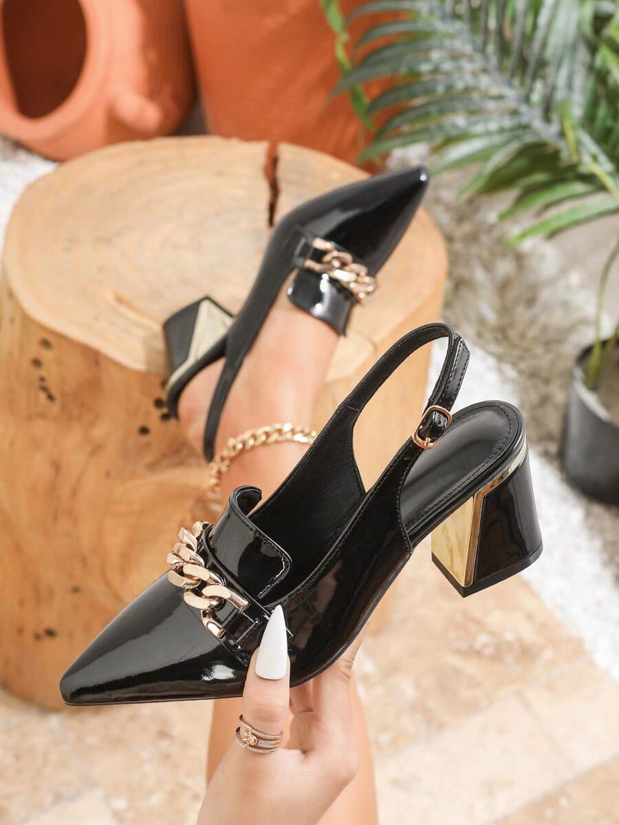 大码女士高跟玛丽珍鞋，粗跟尖头正装鞋，酒红色包头凉鞋