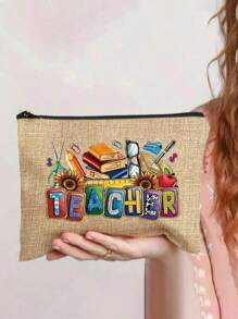 Bolso de mano de lino con estampado de patrones temáticos de maestros, bolso grande con bolso pequeño, con diseños de colores contrastantes que presentan patrones de útiles escolares, libros y artículos de papelería